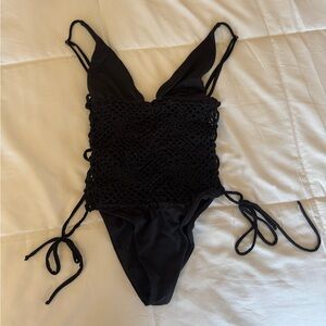 Frankies Bikinis Black Crochet Swimsuit